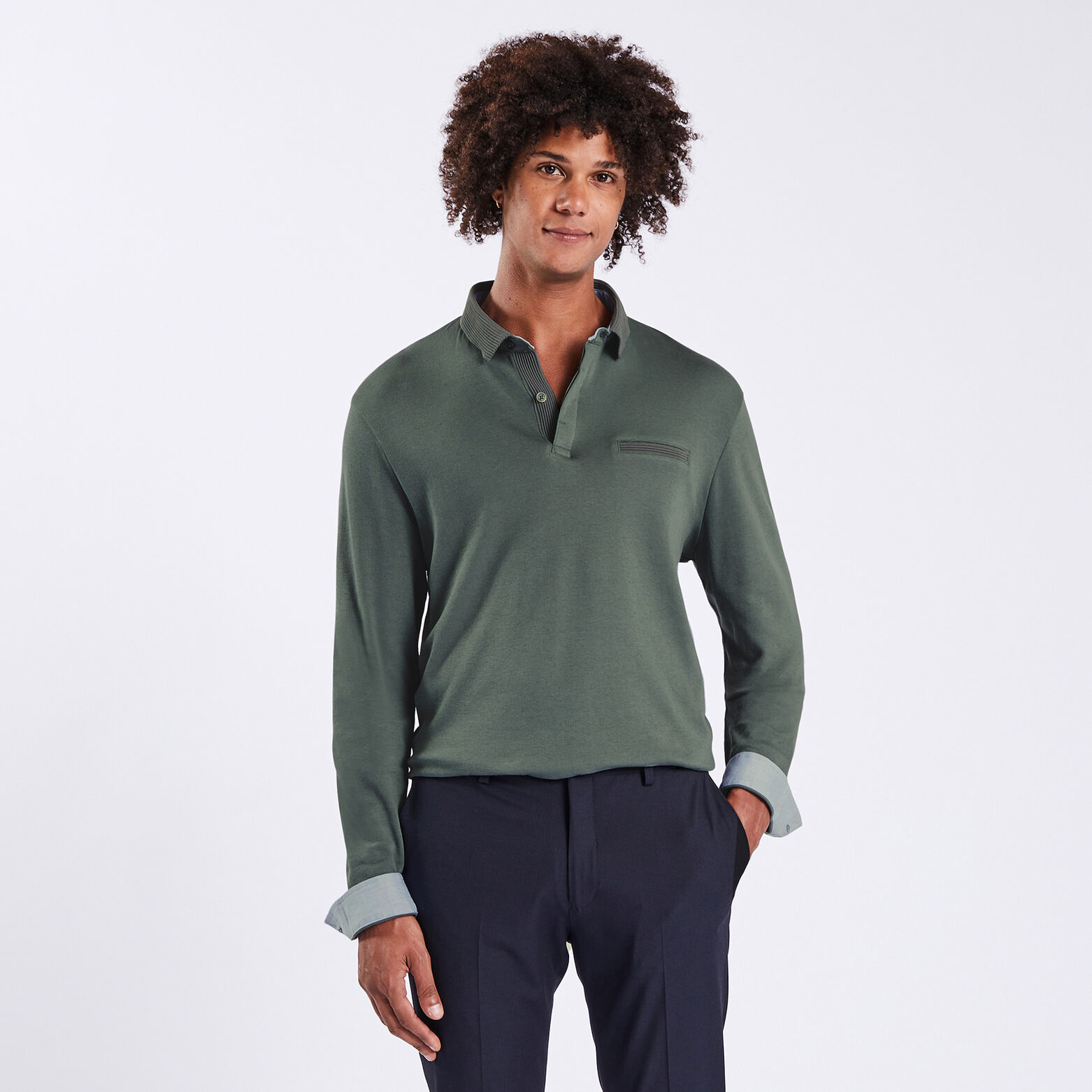 Polo manches longues interlock uni Vert kaki