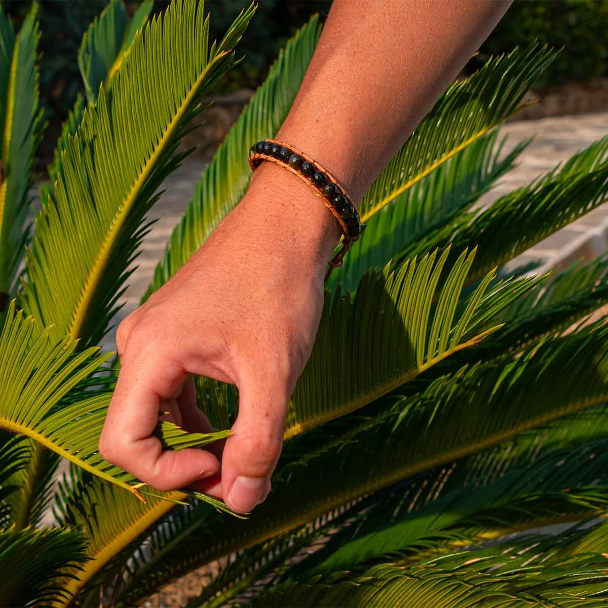Bracelet Facelia en pierres naturelles Obsidienne et cuir véritable