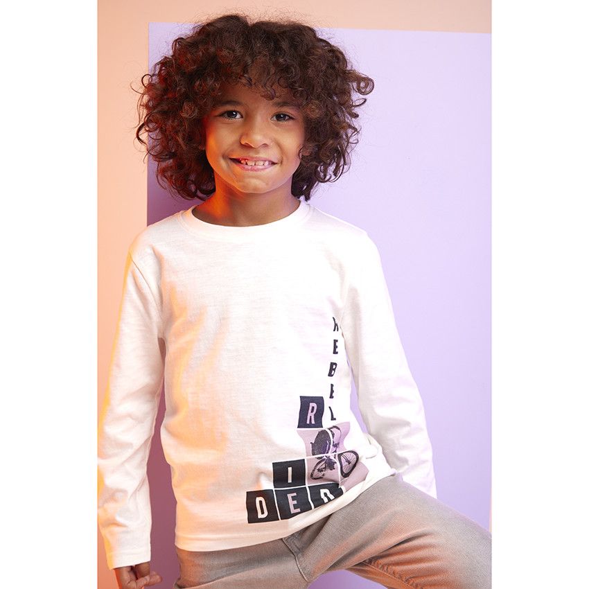 T-shirt manches longues en jersey avec print pour garçon - Ecru