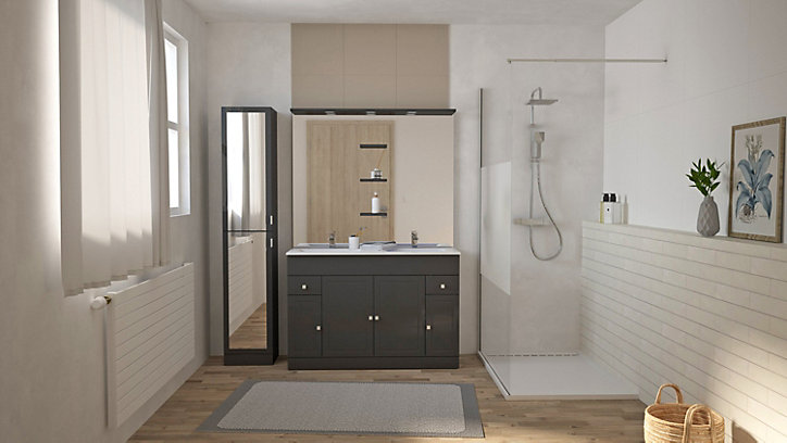 Ensemble meuble de salle de bains l.120 cm avec double vasque et miroir + colonne l.35 cm coloris gris anthracite Atrato