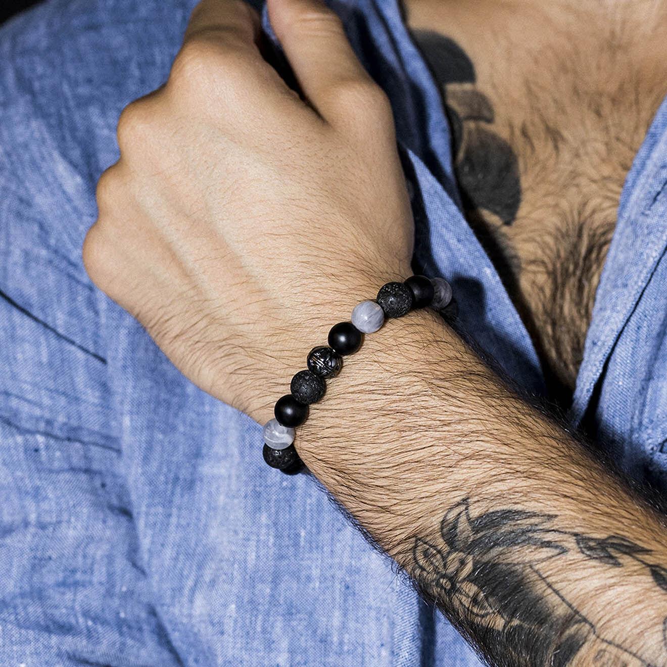 Jacobson Bracelet Cendre en Pierres de Lave & Perles noires