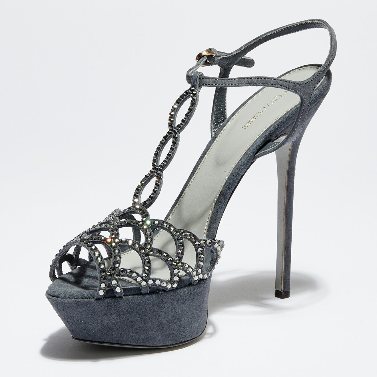 Sergio Rossi Sandales en Velours de Cuir Diamond strassées bleu gris Talon 14.5 cm