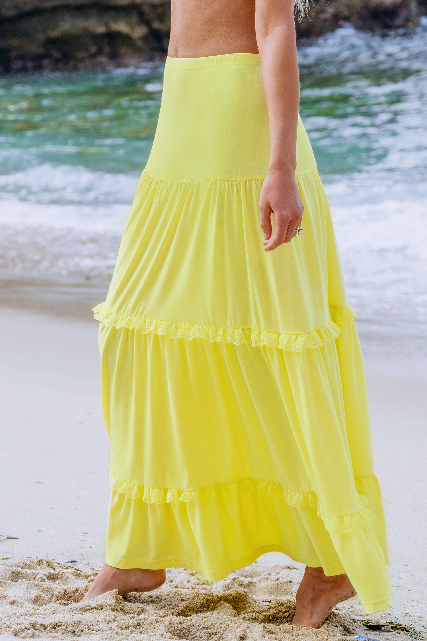 Jupe maxi en dentelle à volants jaune