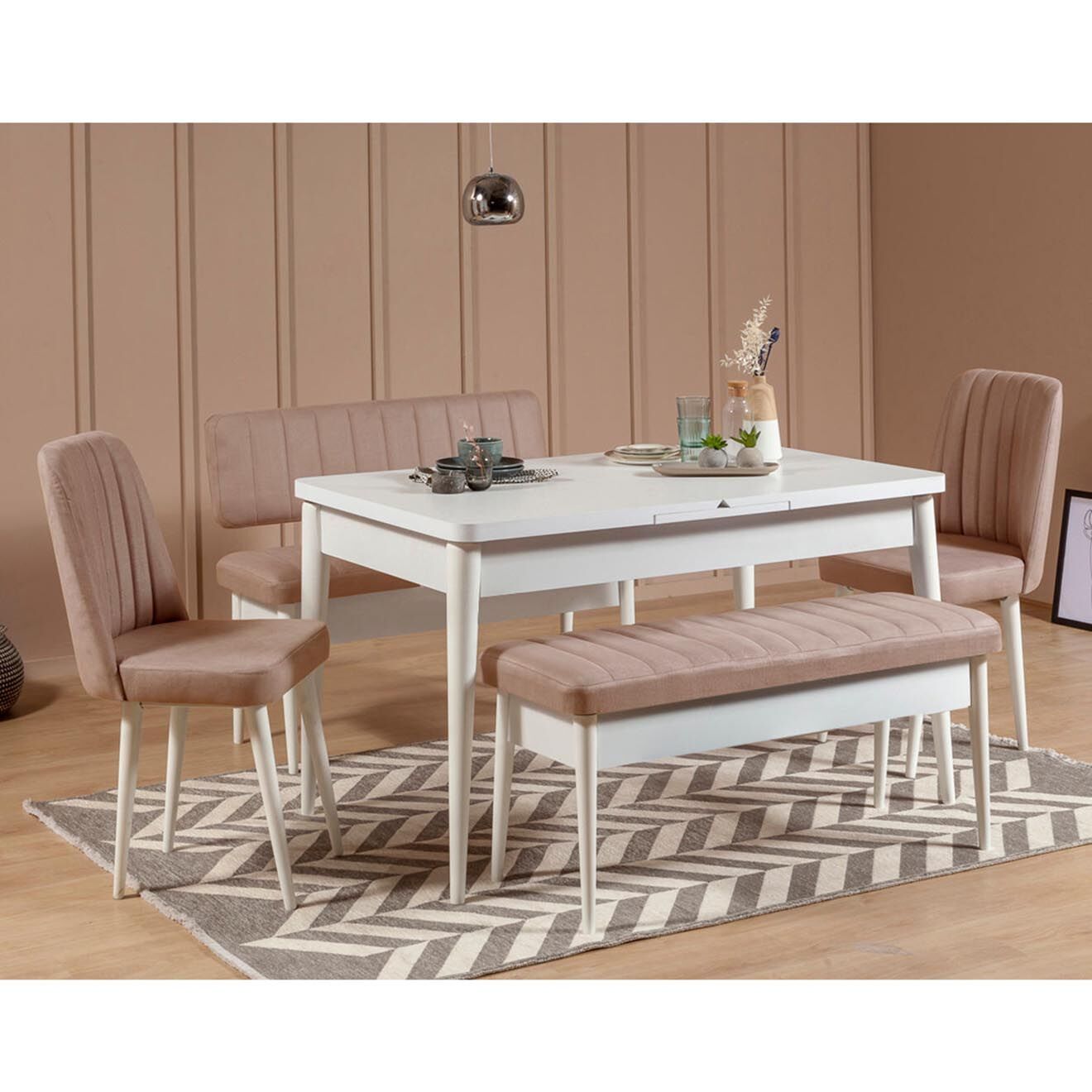 Homitis Ensemble Table + 2 Chaises + 2 Bancs Vina blanc/gris