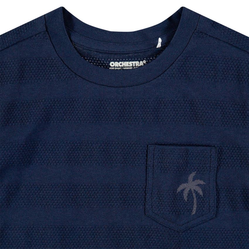 T-shirt manches courtes à rayures fantaisie et poche print palmier - Bleu marine