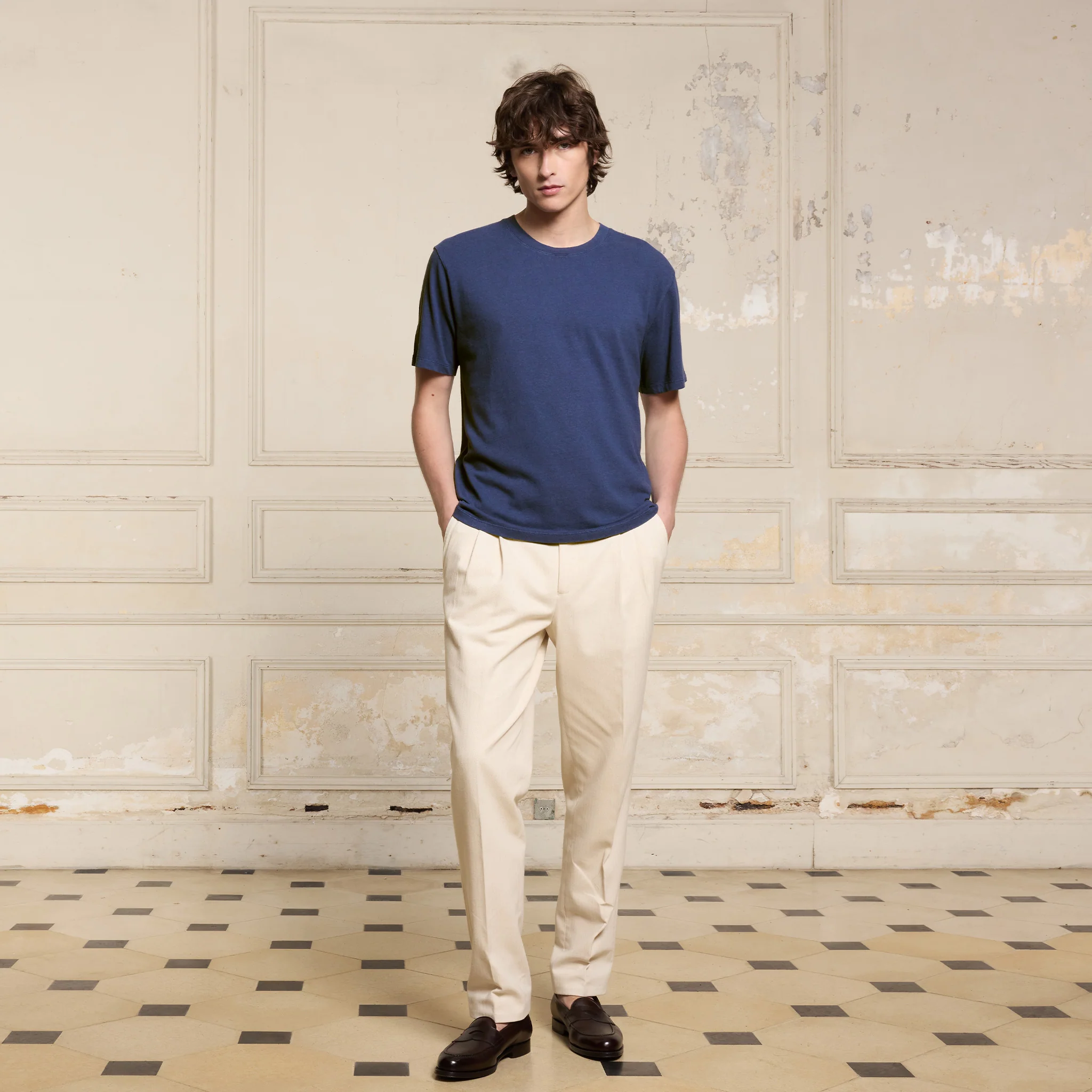 Nautical blue cotton and linen T-shirt