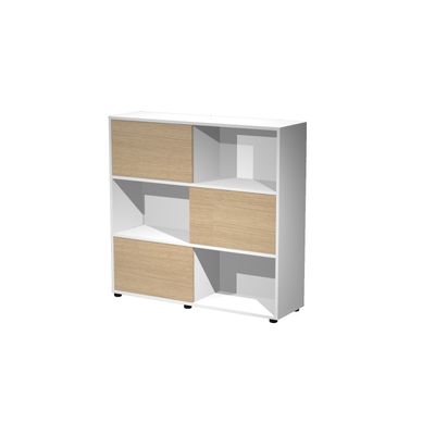 Bibliothèque mi-haute à porte coulissante - L120 x H116,2 x P35 - Corps blanc - Portes chêne
