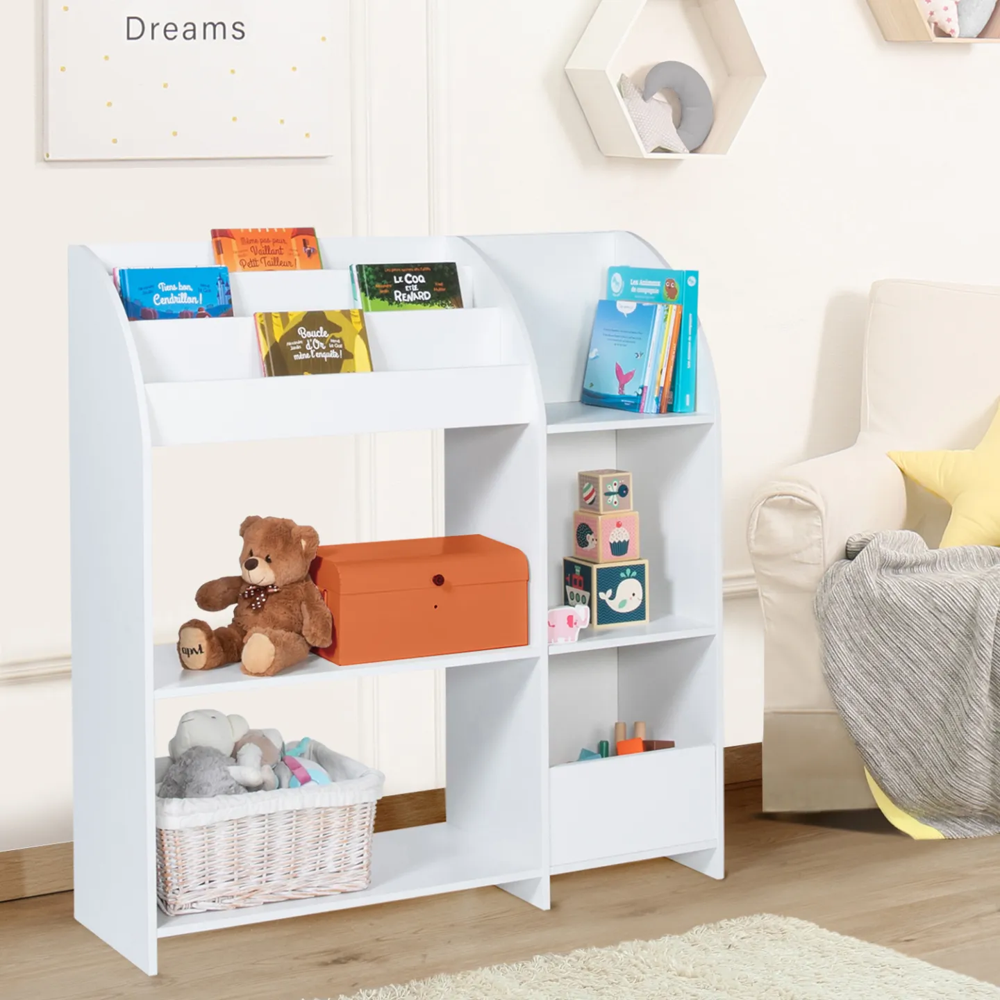 Meuble de rangement EMMA étagère jouets et bibliothèque enfant en bois blanc