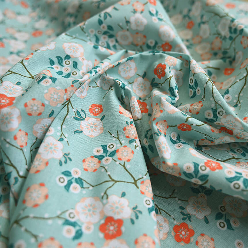 Tissu Coton Au Mètre Ex2401 Fleur De Cerisier Menthe