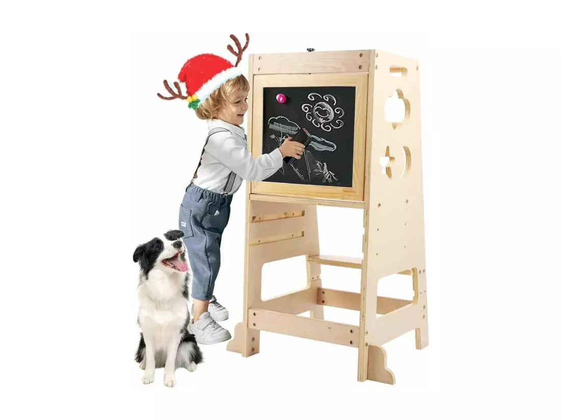 Tour d'apprentissage Enfant,Tour Bébé avec 2 Tableau Réinscriptible,Aide de Cuisine,3 Hauteurs Réglables Barres de sécurité Pieds Anti-Bascule Bois