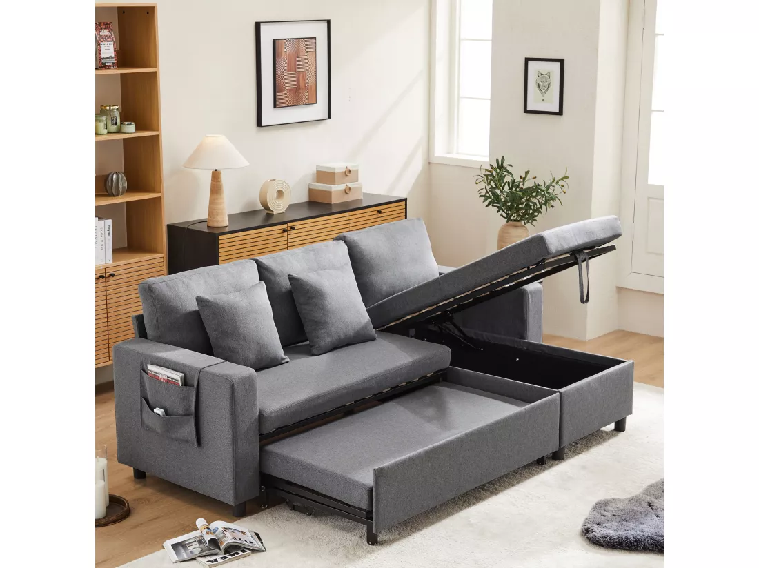 Canapé 3 places convertible en tissu lin - avec rangement et poches latérales - Gris