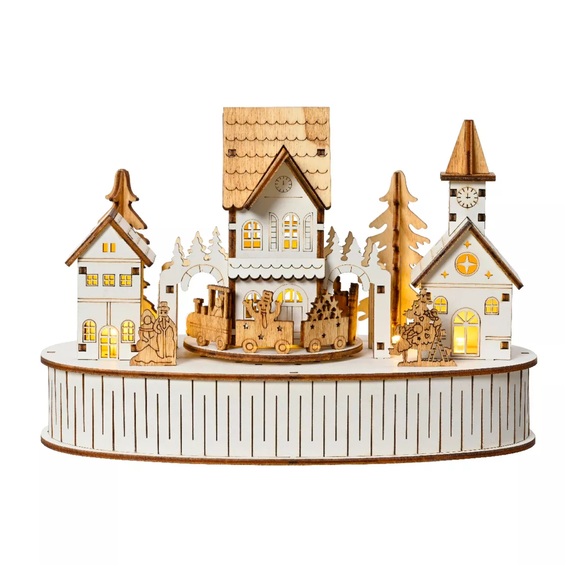 Village de Noël en bois lumineux et musical à piles (22 x H15 cm) Ville de lumière