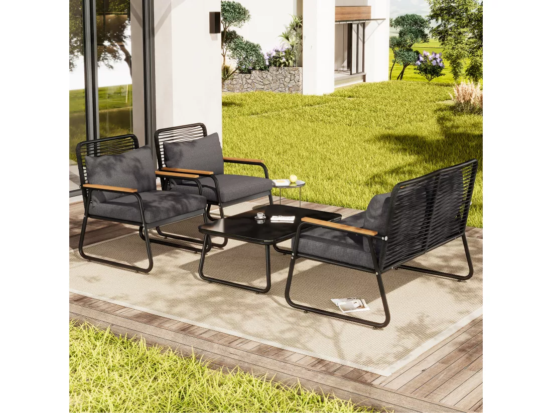 Salon de jardin pour 4 personnes, structure en fer galvanisé, pieds réglables, 1 canapé - 2 fauteuils et 1 table basse, noir