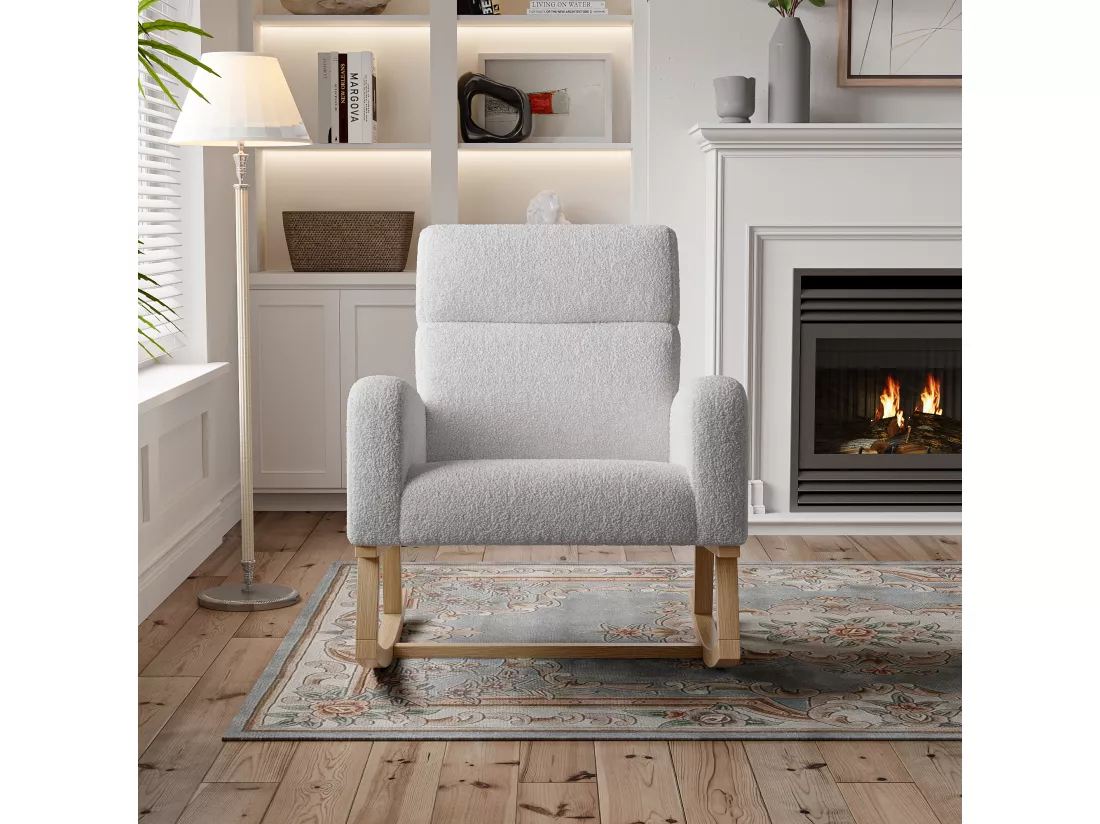 Fauteuil à bascule, avec accoudoirs, , dossier incliné, pieds en bois massif, -Gris clair