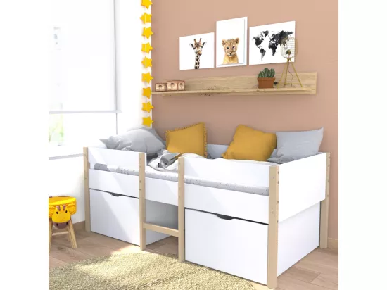 Lit mi-hauteur ZEPHIR 90x200 + 2 grands tiroirs + sommier / Blanc & vernis naturel