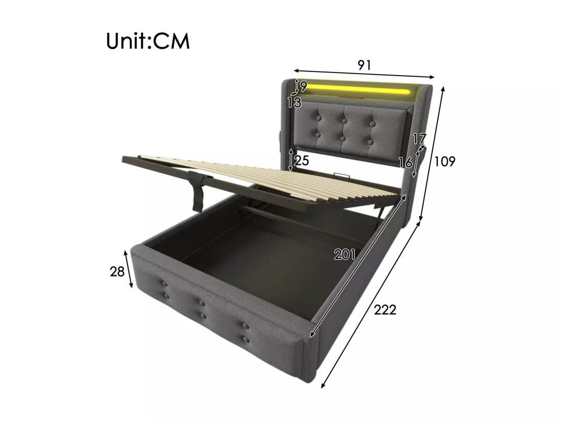 Lit coffre Gris 90x200cm - Coton - avec LED et EU Prise/USB/type C - tête de lit capitonnée - Max 150kg