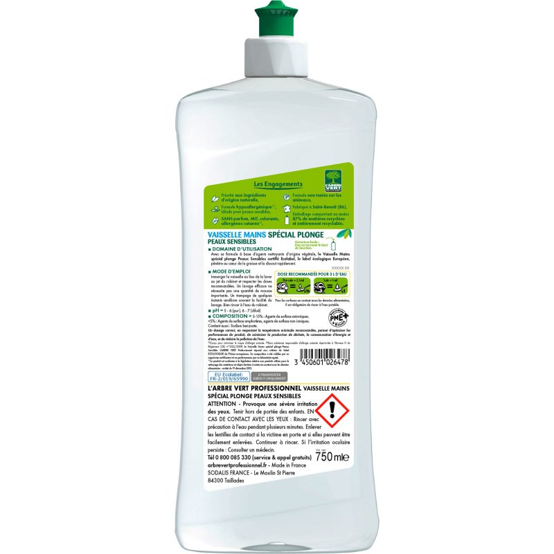 Liquide vaisselle mains L'Arbre Vert peaux sensibles - Flacon 750 ml