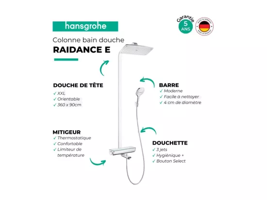 Colonne bain douche thermostatique HANSGROHE Raindance E 360 chromé + tablette AddStoris