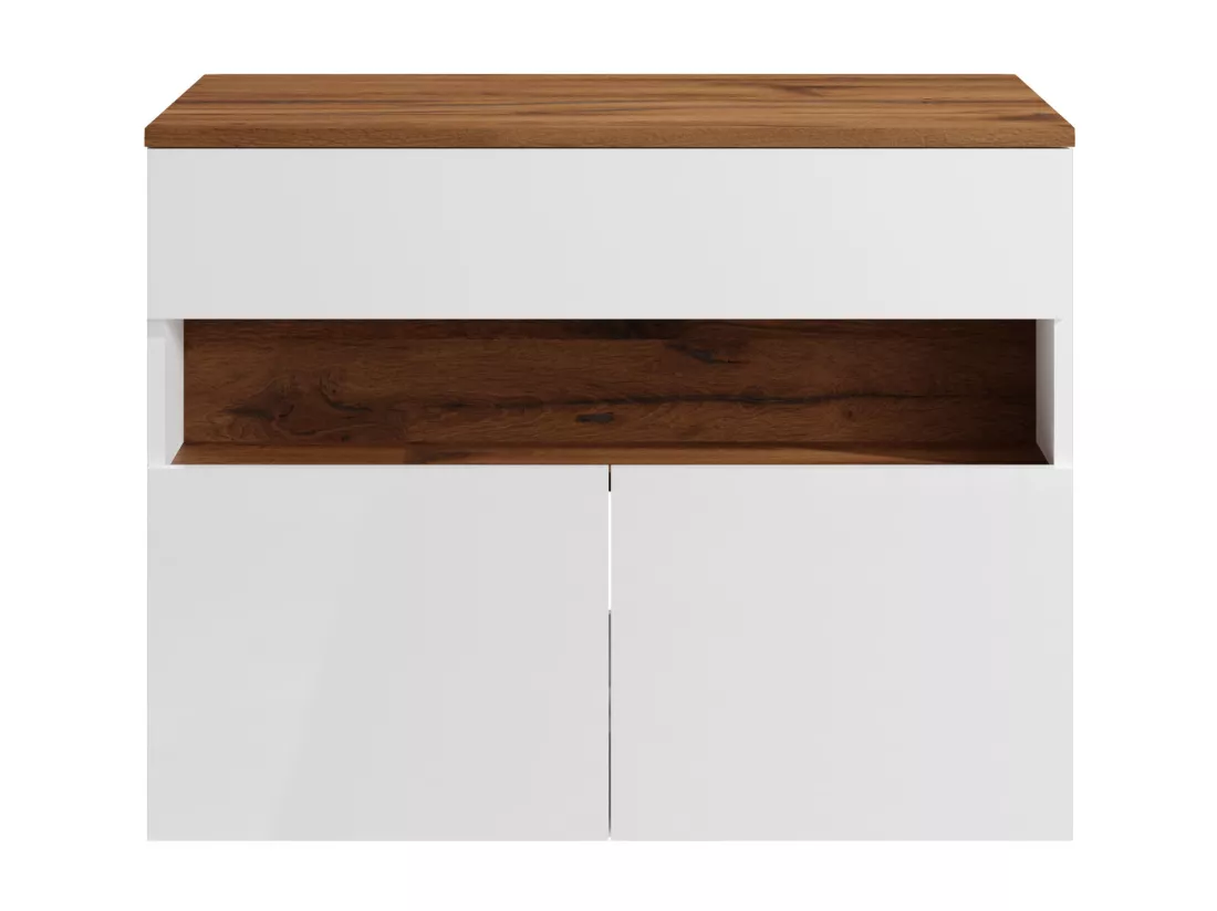 Meuble sous vasque suspendu à LEDs avec planche - Blanc et naturel foncé - L80 cm - POZEGA