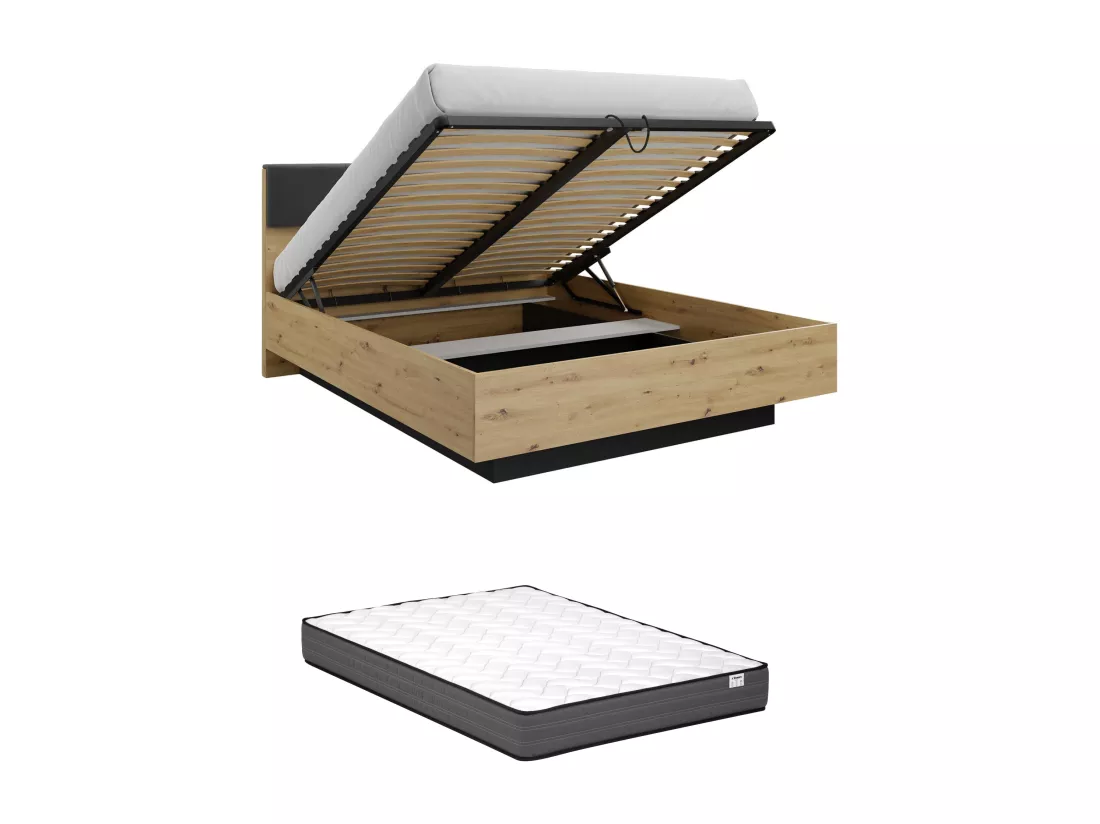 Lit coffre avec chevets 160 x 200 cm - Avec LEDs - Coloris : Naturel et noir + Matelas - ARIADA