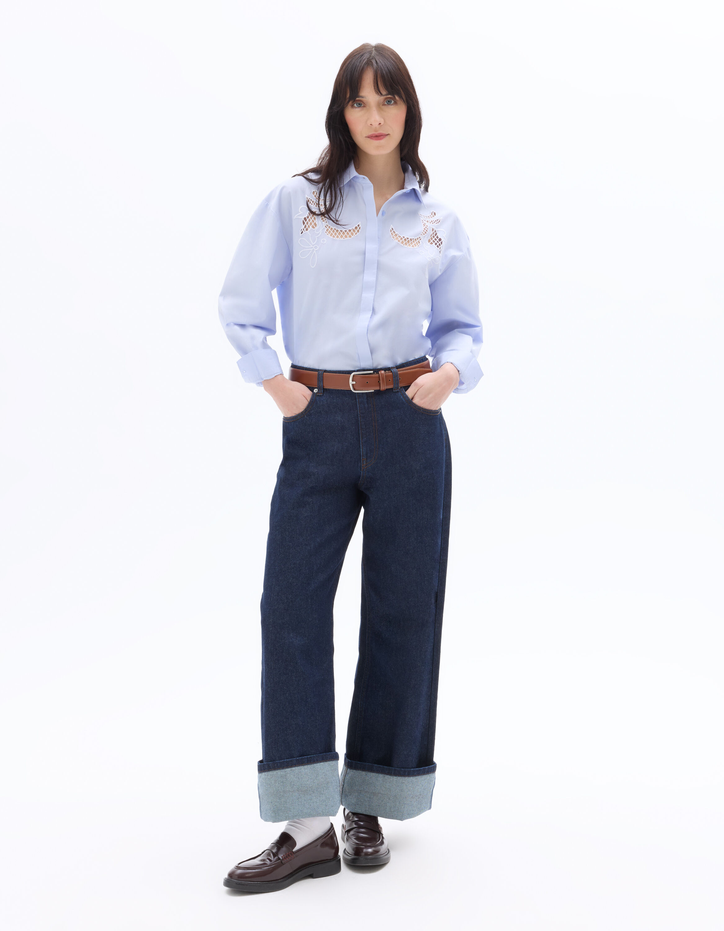 Chemise brodée en 100% coton - bleu