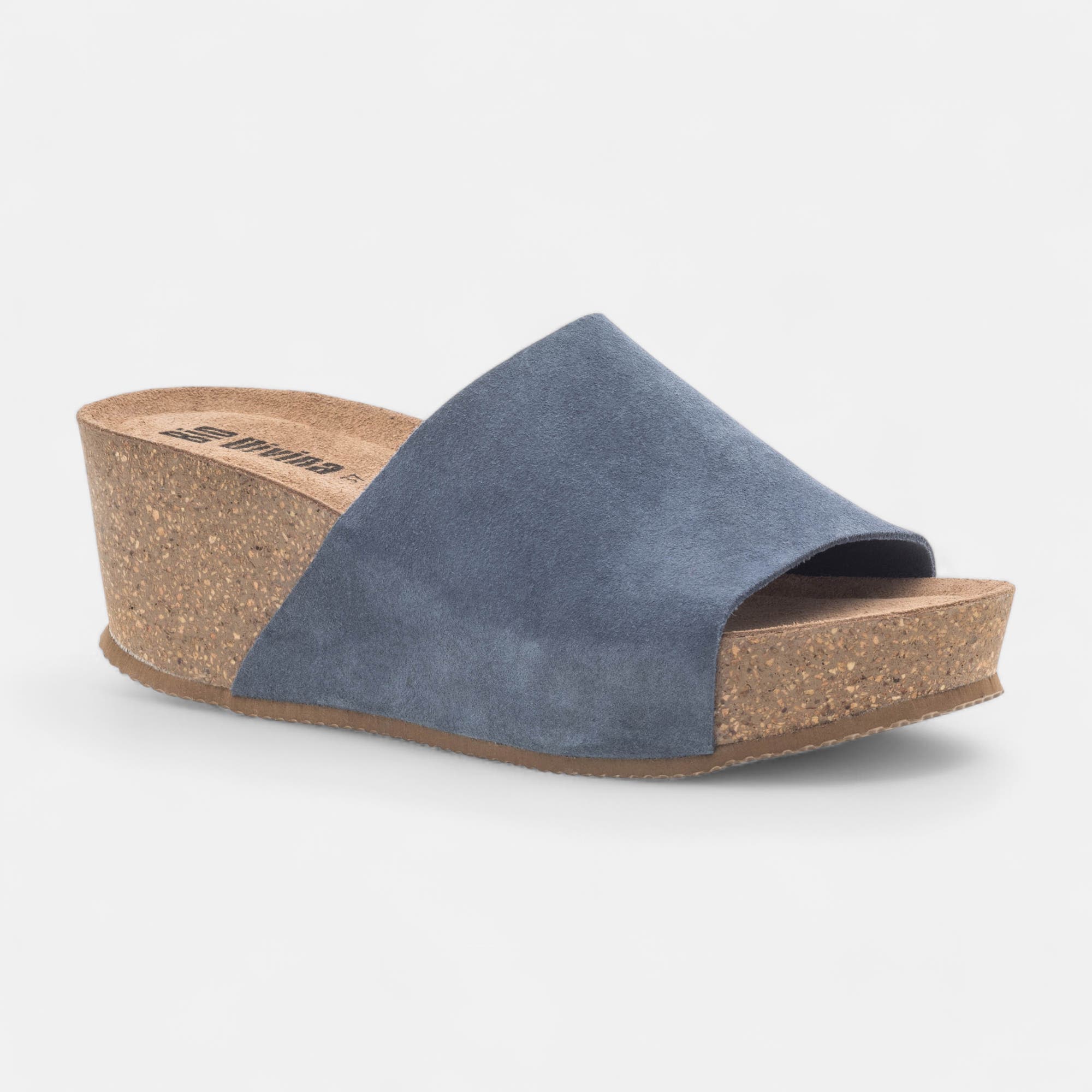Mules semelle liège à talon compensé Femme en cuir bleu marine