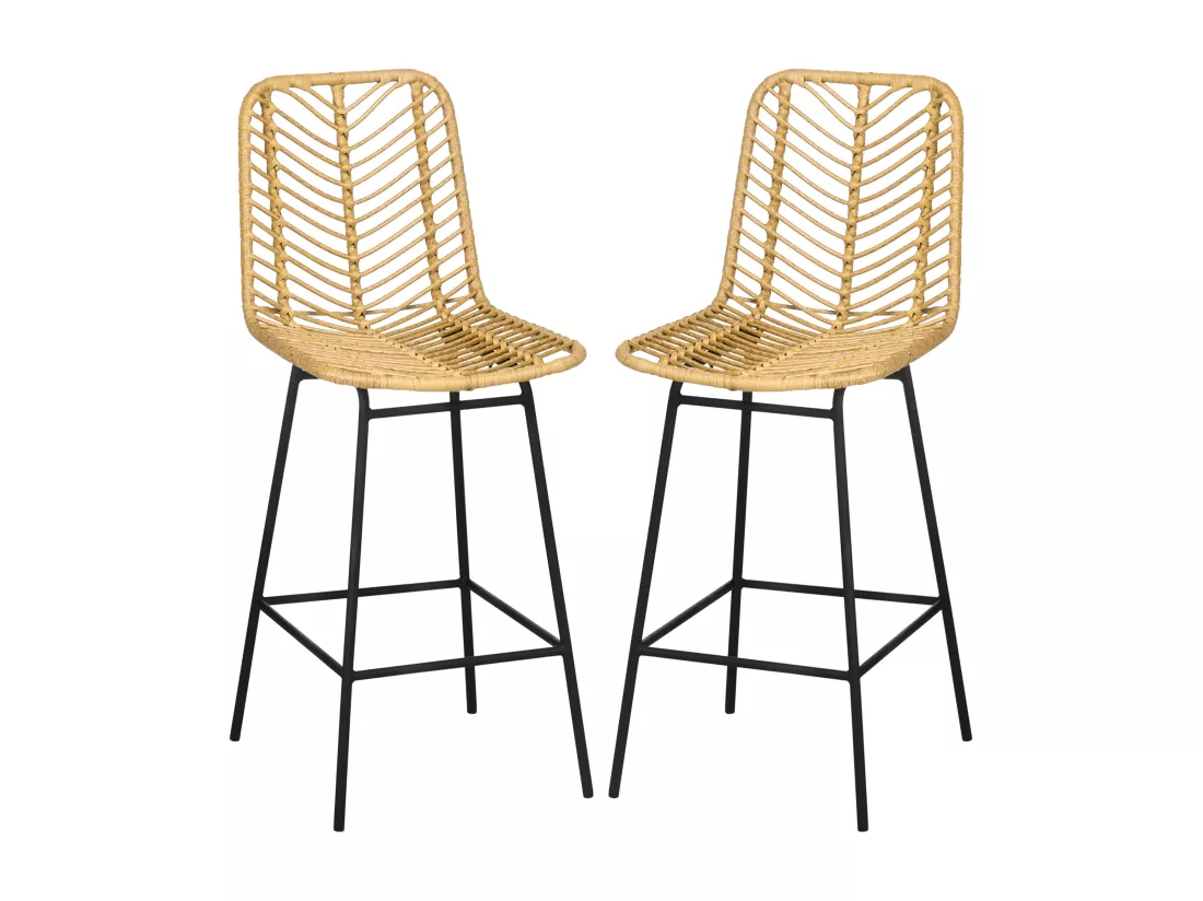 Lot de 2 tabourets de bar style colonial piètement acier noir résine tressée aspect rotin