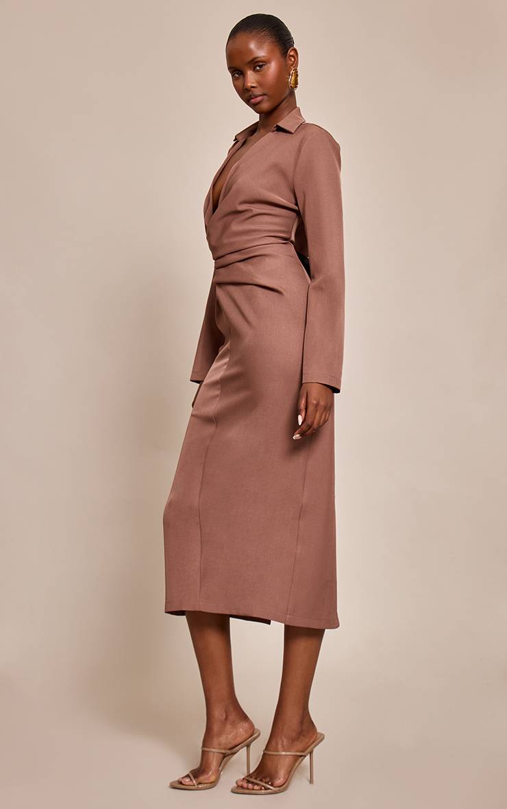 Marron Robe Longue Maxi À Manches Longues Avec Détail Drapé Tissé