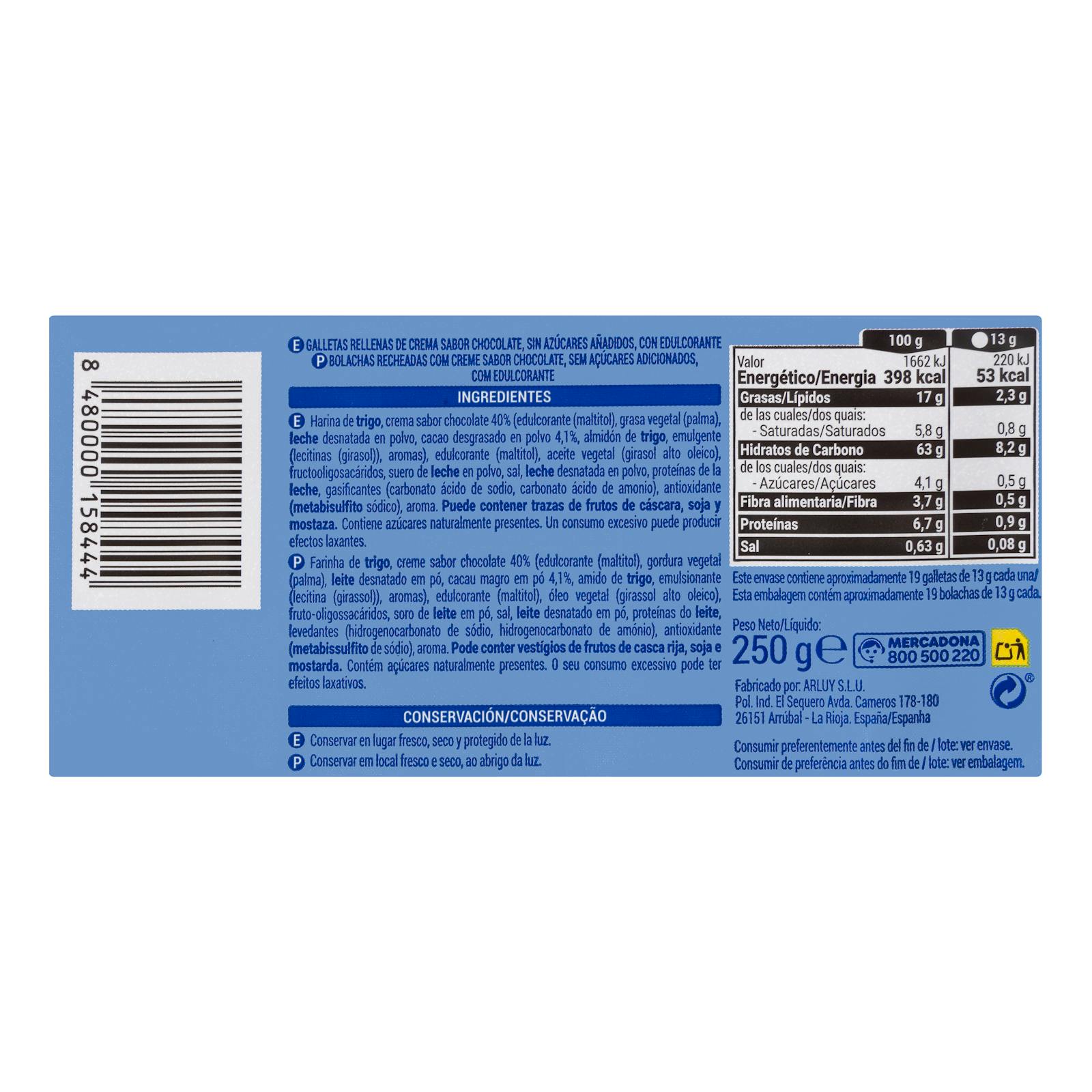 Biscuits fourrés au chocolat Hacendado avec 0% de sucres ajoutés