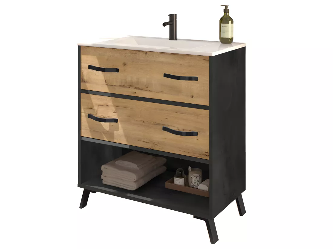 Meuble de salle de bain coloris effet marbre / chêne doré - Hauteur 88 x Longueur 81 x Profondeur 47 cm