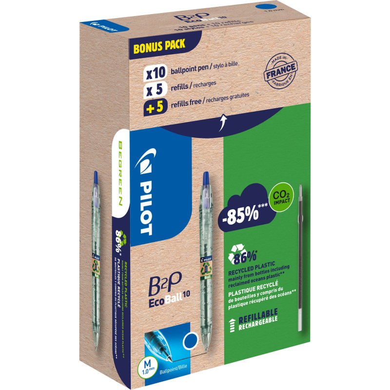 Pack de 10 stylos bille B2P Ecoball Pilot + 10 recharges dont 5 offertes