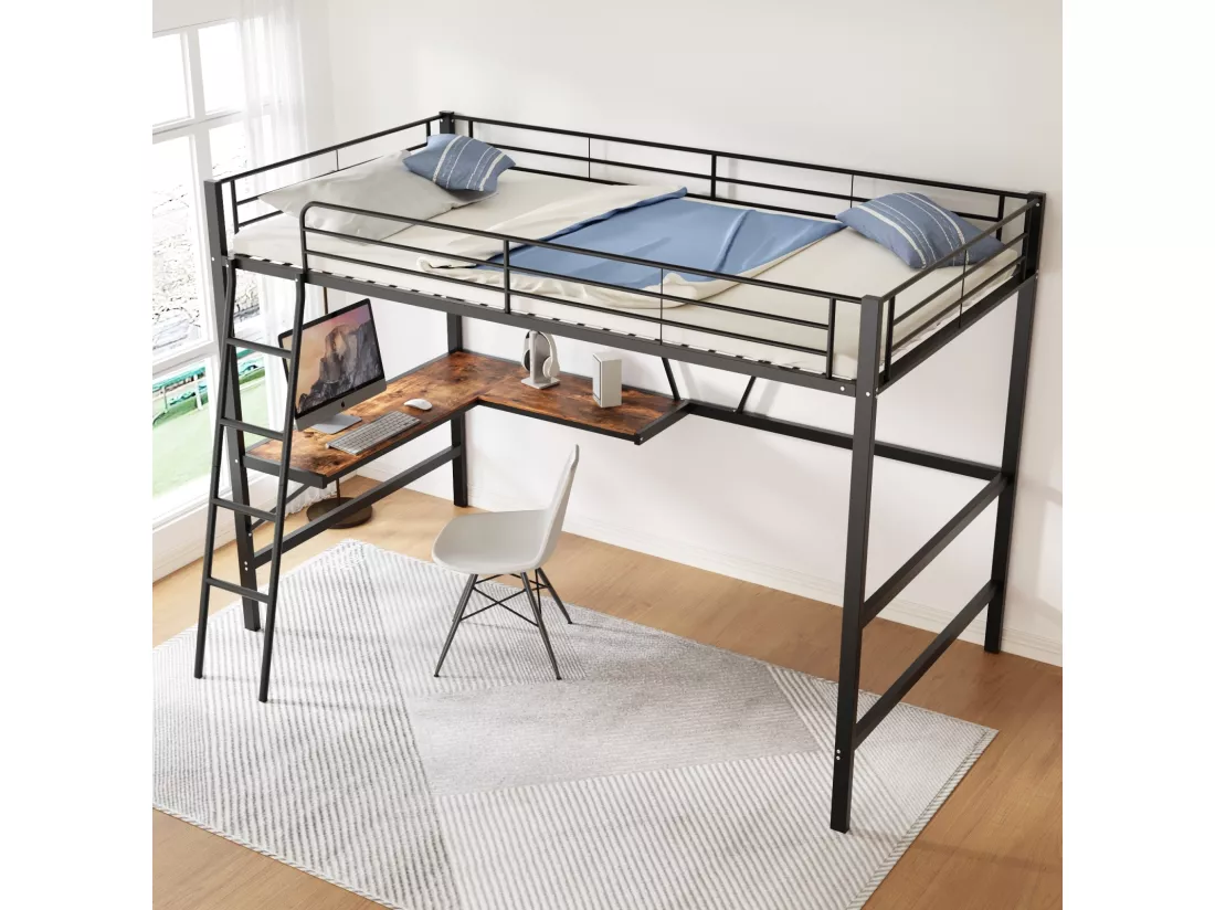Lit mezzanine 90x200cm, cadre en métal, lit surélevé avec échelle, bureau en forme de L et 1 étagère pour enfants, adolescents, noir