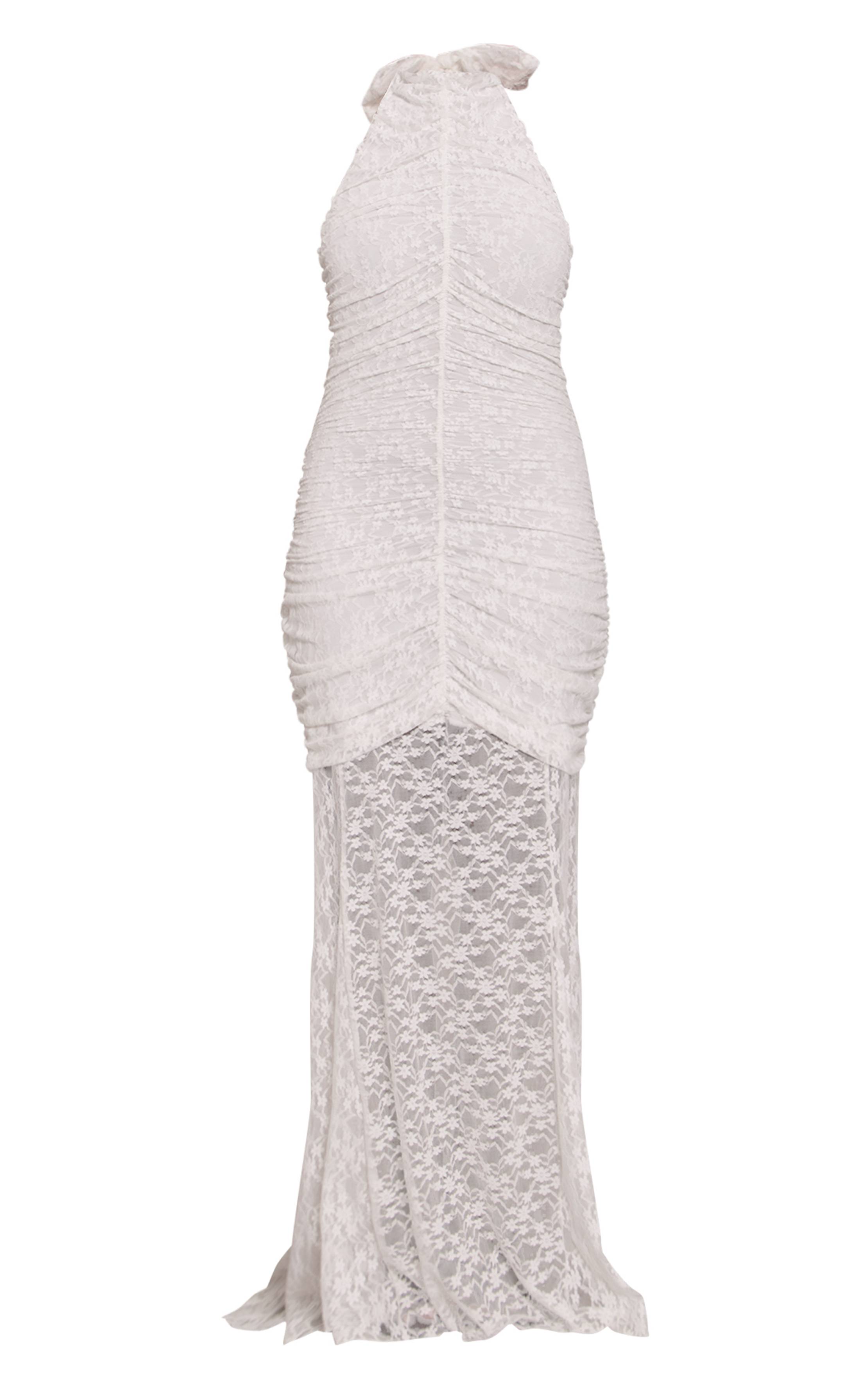 Blanc Robe Maxi Shape En Dentelle Froncée À Col Montant Et Ourlet Asymétrique