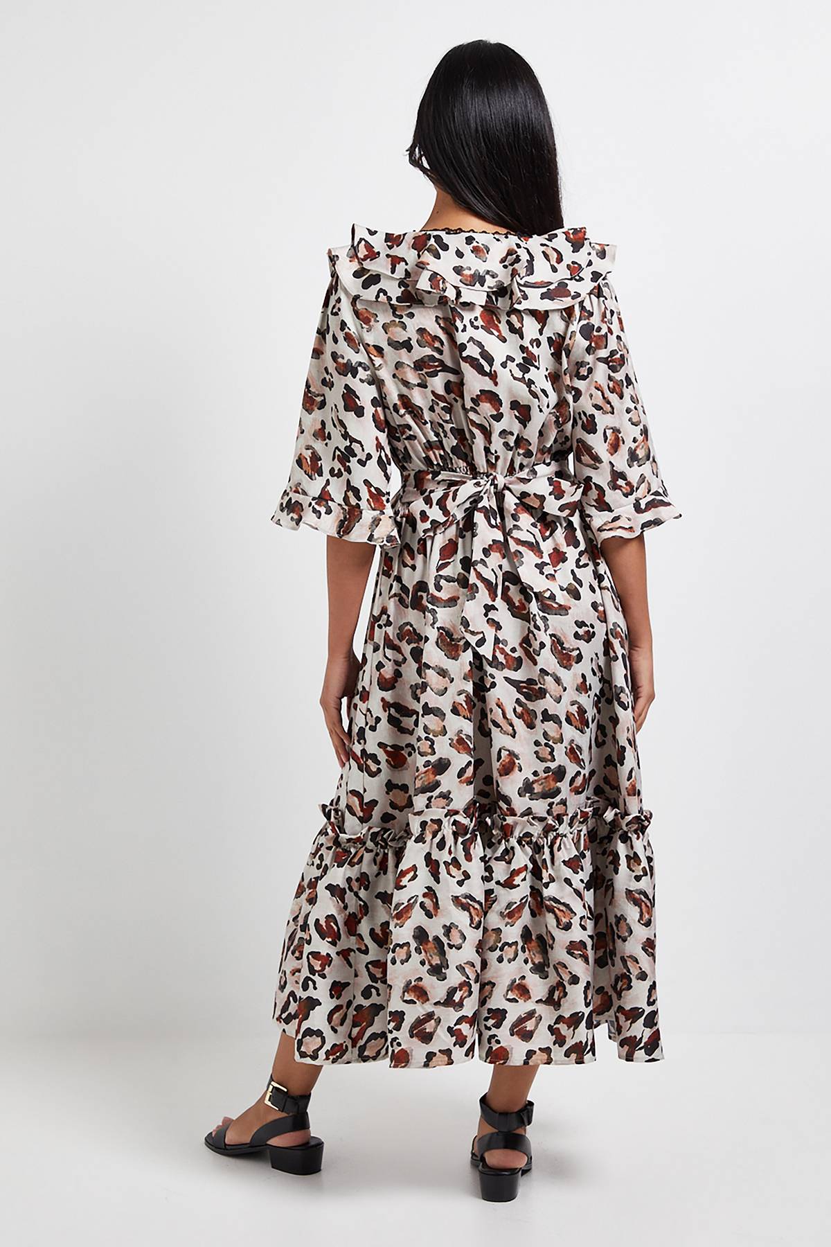 Wallis Robe Mi-Longue à Volants Imprimé Léopard Petite Taille
