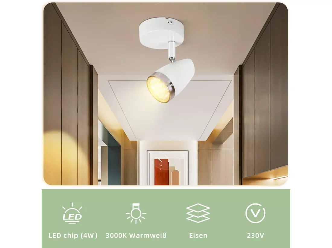 NETTLIFE Spot de plafond 1 flamme 4W plafonnier orientable 350° salon