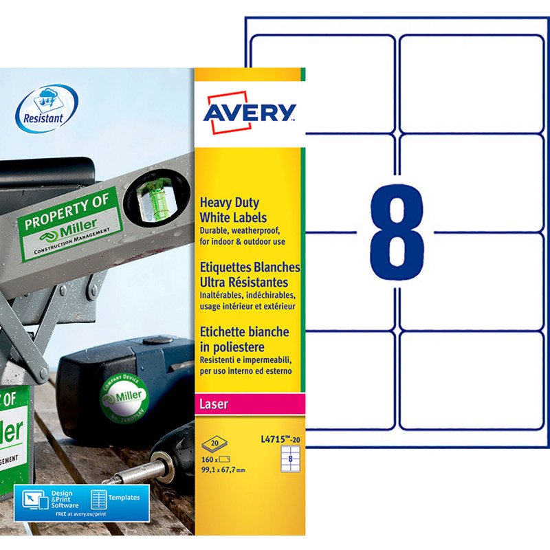Etiquette ultra résistante laser 99,1 x 67,7 mm Avery L4715-20 blanche - Pochette de 160