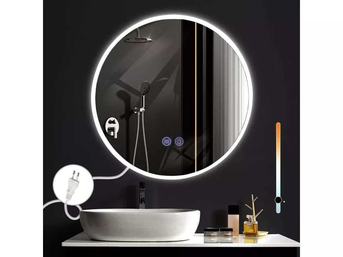 NETTLIFE Miroir avec éclairage rond Miroir mural LED IP44 50 cm avec fonction miroir tactile éclairé rond avec lumière dimmable