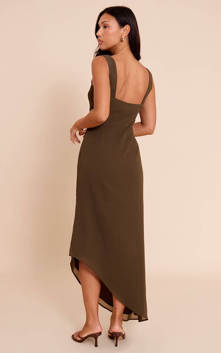 Forest Green Robe Maxi Asymétrique En Mousseline Texturée À Imprimé Abstrait Avec Détail Noué