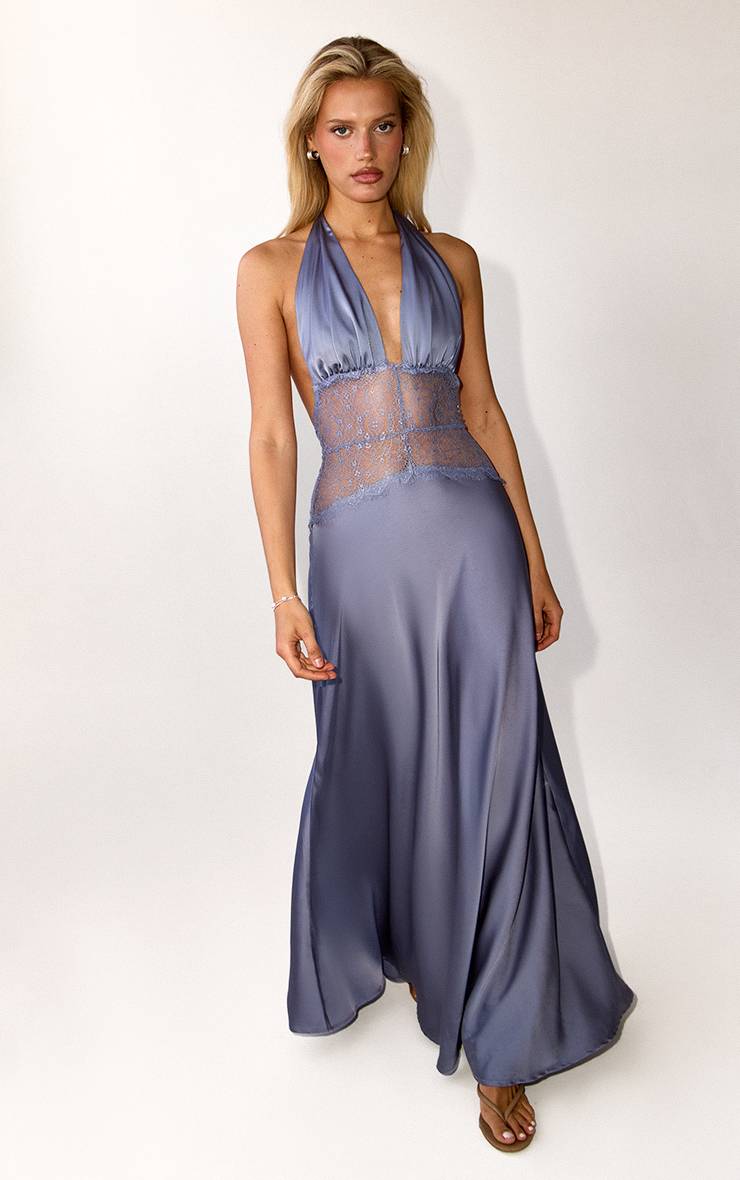 Blue Grey Robe Longue En Satin Avec Empiècement En Dentelle Contrastante