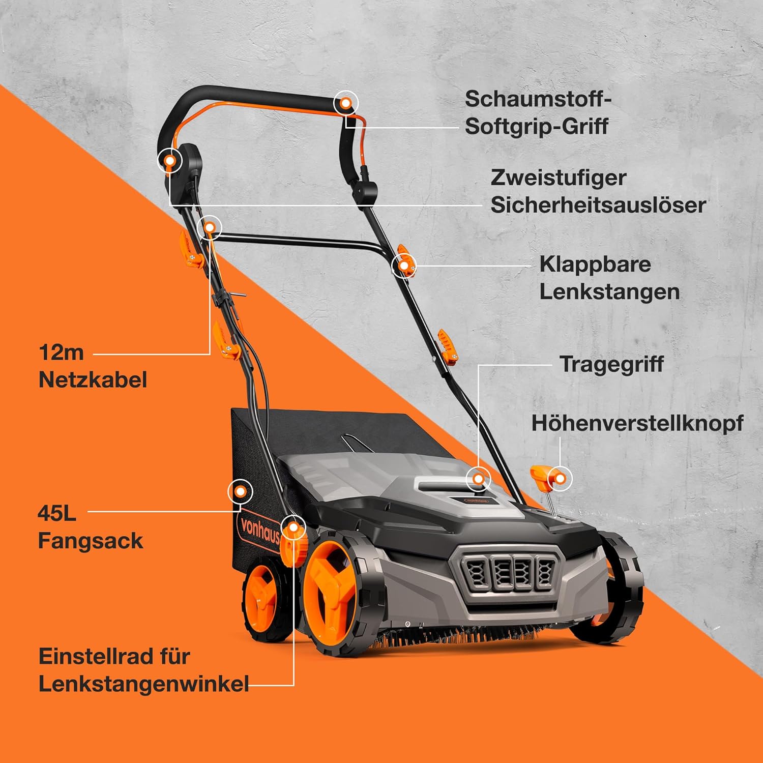 VonHaus 1800 W Laubsammler für Kunstrasen – Elektrische Kehrmaschine – Laubsauger mit 45-L-Beutel, 5 Einstellbare Höhen, 380 mm Arbeitsbreite, Zusammenklappbarer Griff, 3 Jahre Garantie