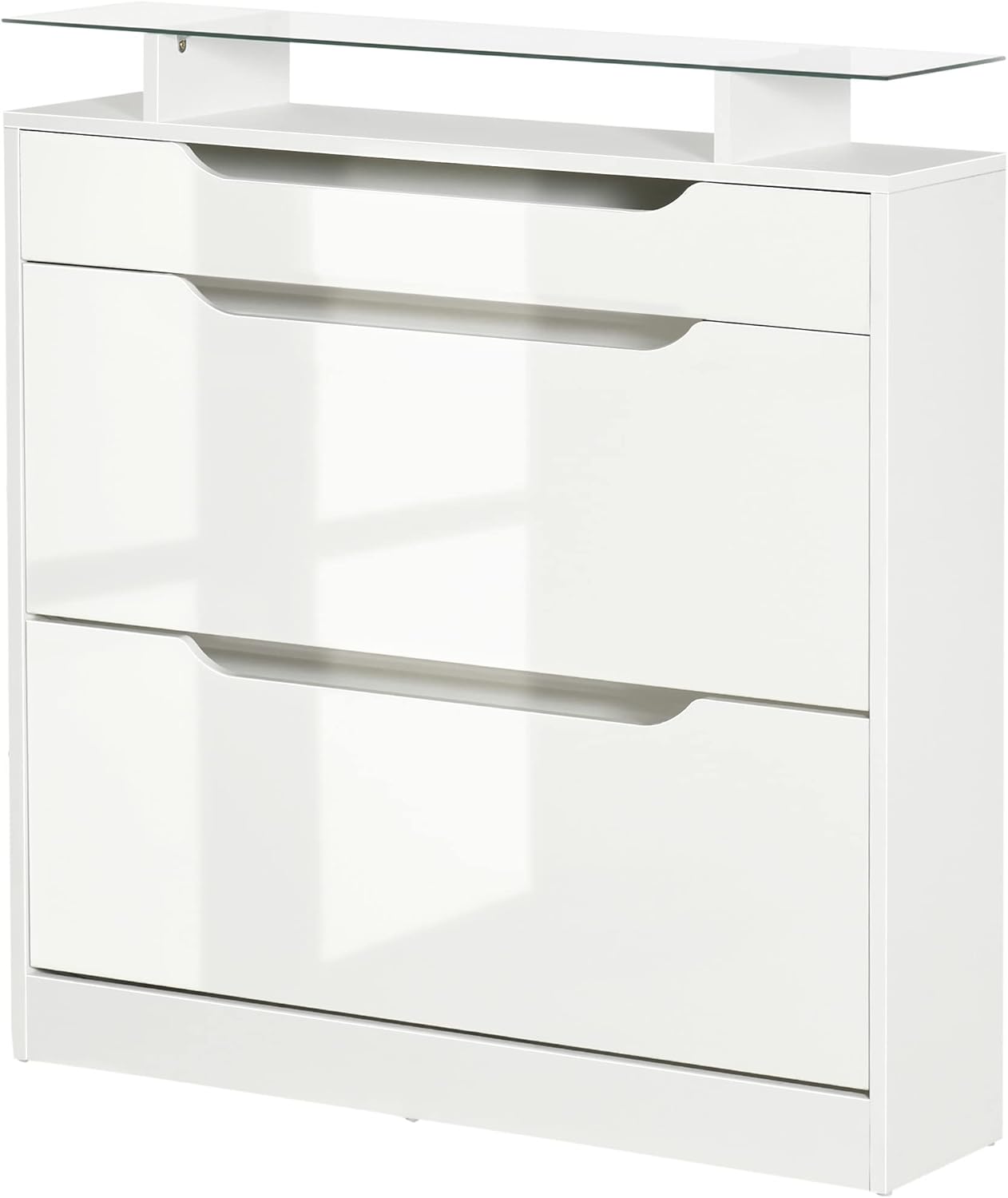 HOMCOM Armoire à Chaussures avec 2 tiroirs rabattables + 1 tiroir Coulissant + 1 comptoir et 1 Plateau en Verre étagère réglable sur 2 Niveaux 89 x 23 x 96 cm Blanc RU5141001