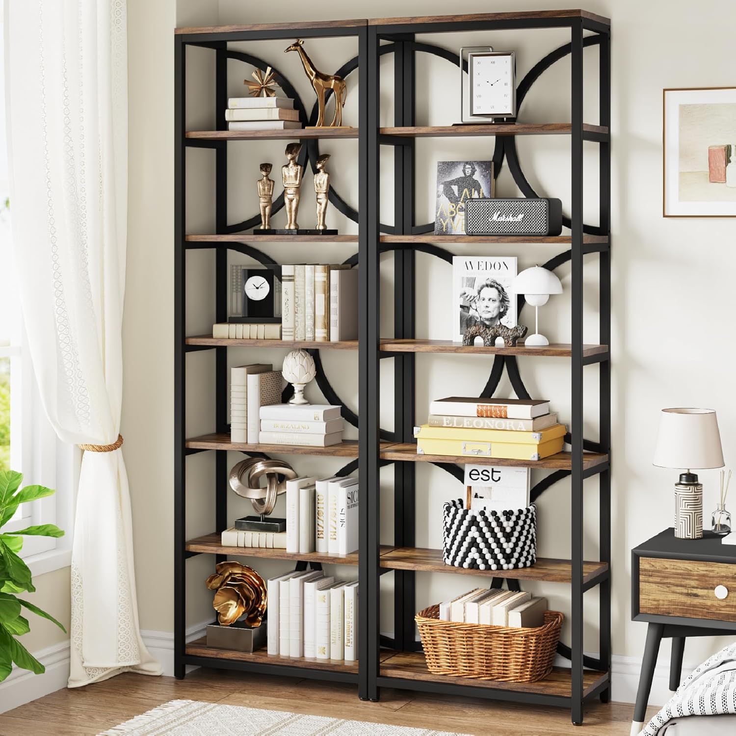Tribesigns 2-er Set Bücherregal mit 6 Ebenen, 200 cm industrielles Küchenschrank mit Lagerregalen, Aufbewahrungs-Organizer für Wohnzimmer, Schlafzimmer und Home Office, Braun