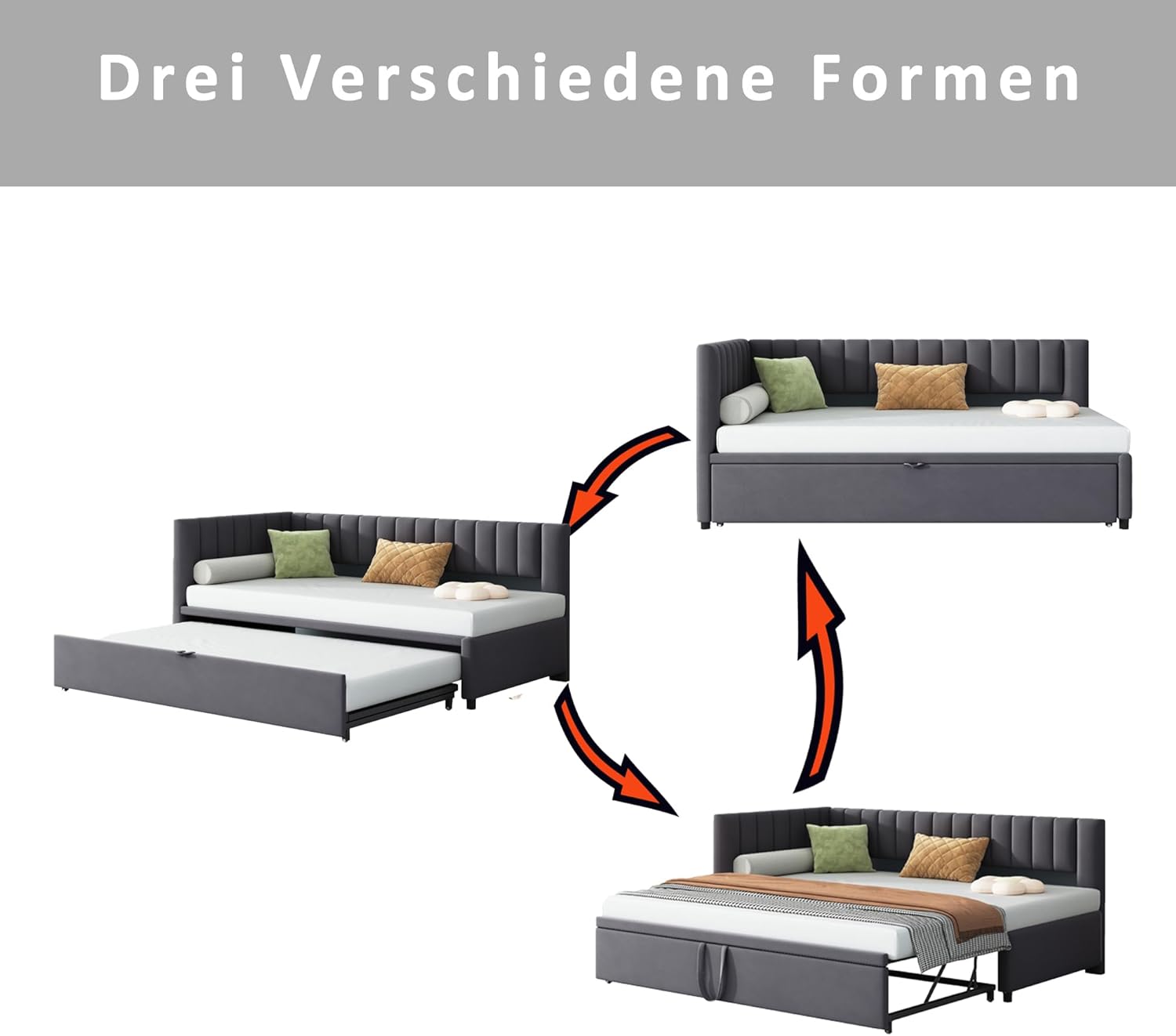 Multifunktionales L-förmiges Schlafsofa mit Ausziehbett 90/180 * 200cm, Polsterbett in Samtstoff, platzsparendes Design für Kinderbett, Gästebett（Ohne Matratze） (dunkelgrau)