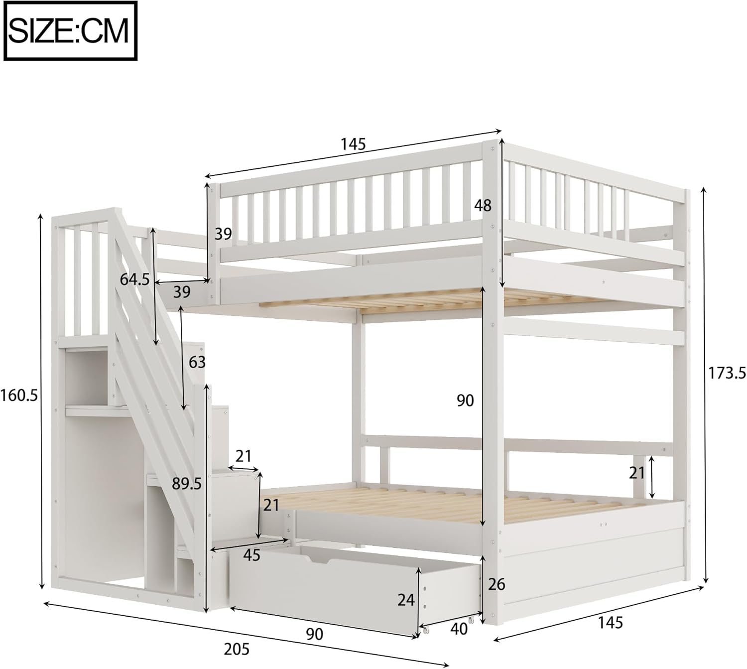 Kinderbett Etagenbett 140x200, Hochbett für 4 Kinder, Stockbett mit Treppe&Aufbewahrungsschrank&Schublade, Holzbett Jugenbett Funktionsbett mit Lattenrost&Rausfallschutz,Kiefernholz,Ohne Matratze,Weiß