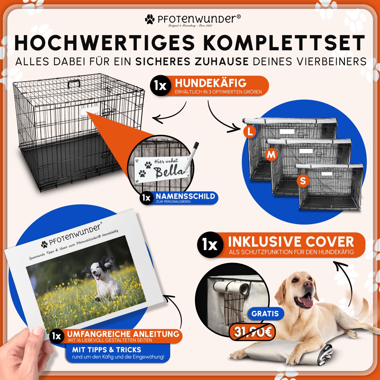 PfotenWunder® Hundekäfig klappbar 107*71*77.5cm, Hundetransportkäfig mit 2 Türen + 1 Abdeckung & 1 Trainingsbuch | Tiertransportbox, Hundetransportbox, Hundebox Auto, Drahtkäfig faltbar mit Bodenschale