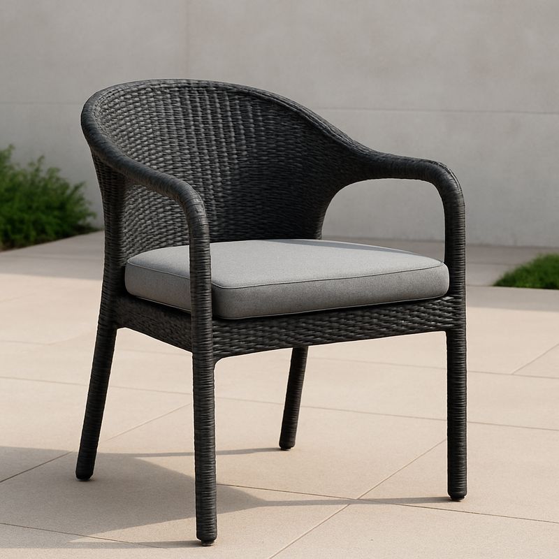 Runder Gartenstuhl Kunststoff Rattan mit grauem Polyesterkissen 80cm Hoch