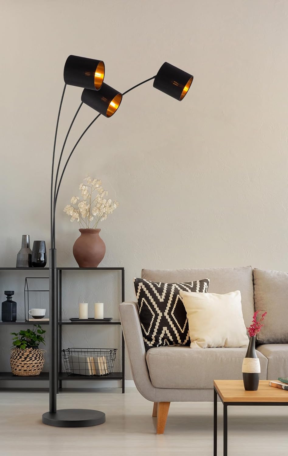 Home Sweet Home moderne Bogenlampe | Schwarz-goldene Stehlampe mit Schirm | Höhe 190 cm | Mit 3xE27 9W 2700K LED-Glühbirne | Industrielle Wohnzimmer-Stehlampe