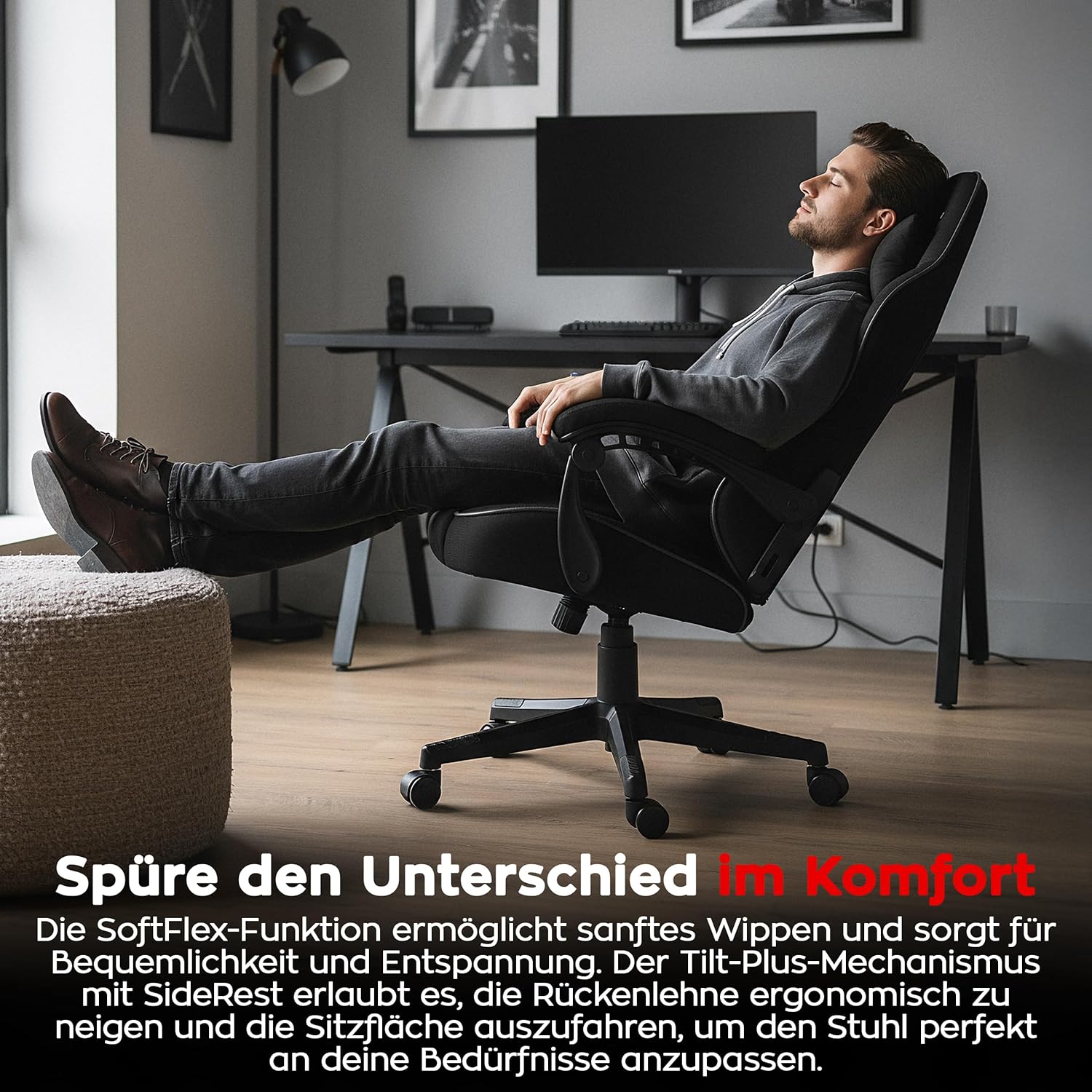huzaro Force 4.4 Carbon | Gaming Stuhl PC Bürostuhl Schreibtischstuhl Ergonomischer Gamer | bis 130 kg belastbar | Kopfstütze Lendenkissen | Stoff Kunstleder | Schwarz Höhenverstellbar Wippfunktion