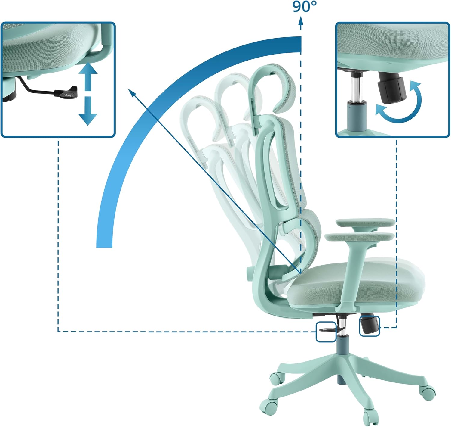 Bürostuhl Ergomy Colore – ergonomischer Schreibtischstuhl, atmungsaktiver Rückenlehne, Verstellbarer Lordosenstütze, 3D Armlehnen & Kopfstütze, Türkis