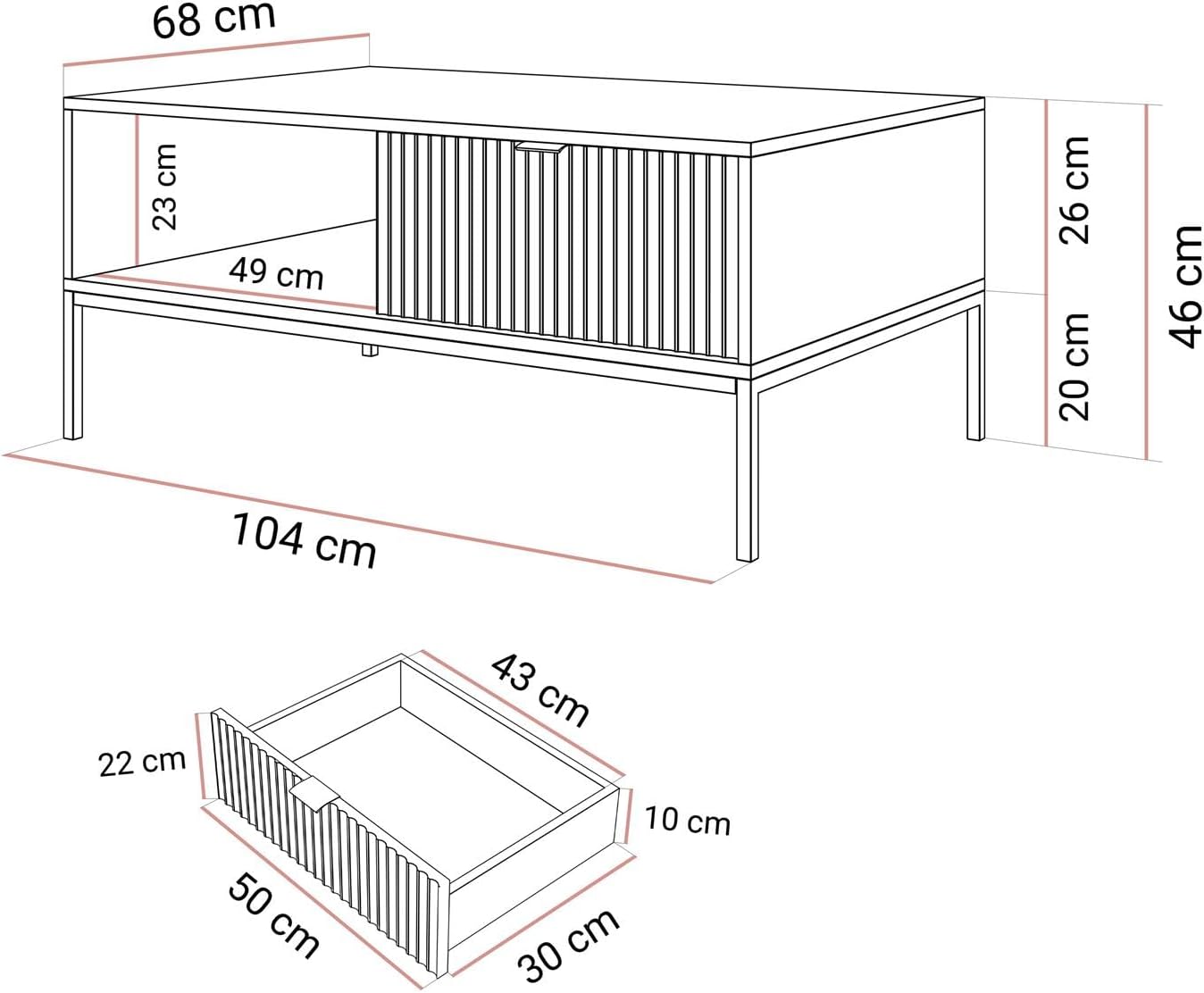Lookway Couchtisch Cortado Gold L-104 – eleganter Wohnzimmertisch mit Schublade, geriffelte Fronten, goldfarbenes Metallgestell, 104×46×68 cm (Kaschmir)
